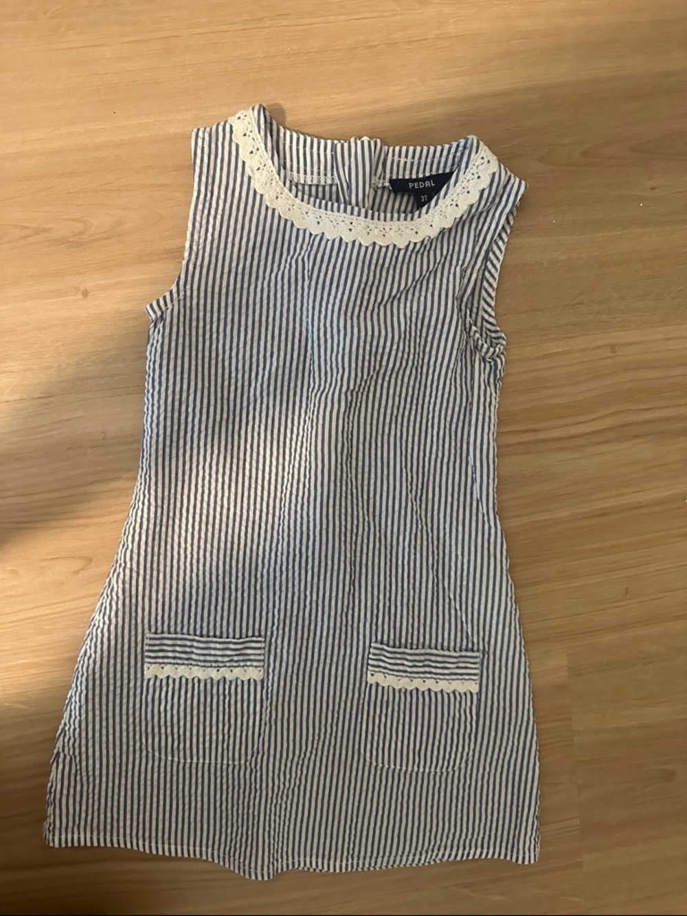 Striped Sleeveless Dress in Navy and White with Lace Trim